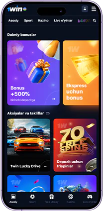 1Win O’zbekiston ilovasining bonuslar bo'limining skrinshoti.